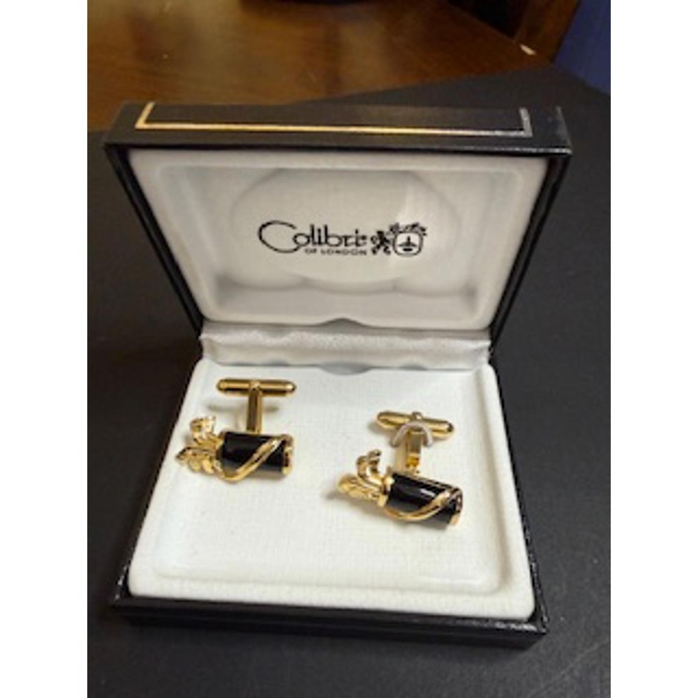Vintage Colibri of London Golf Bag Cufflinks - Gold Tone and Black Onyx NEW NOS